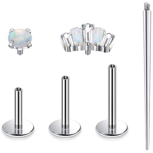 Titanium Flat Back Lip Rings Internally Threaded Earrings Studs Nose Rings 16G Opal CZ Tragus Cartilage Lobe Rook Helix Conch Labret Medusa Piercing Jewelry for Women Men W Piercing Taper Set - style: Crown Opal