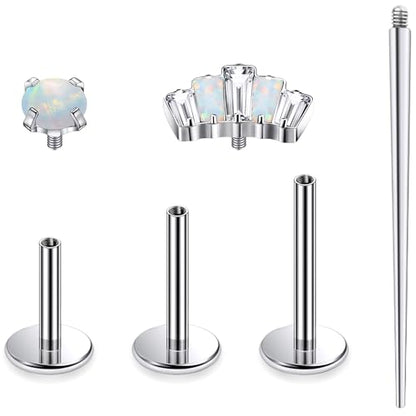 Titanium Flat Back Lip Rings Internally Threaded Earrings Studs Nose Rings 16G Opal CZ Tragus Cartilage Lobe Rook Helix Conch Labret Medusa Piercing Jewelry for Women Men W Piercing Taper Set - style: Crown Opal