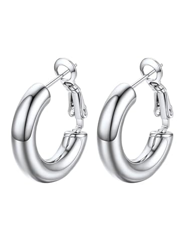 PROSTEEL Chunky Hoop Earrings for Women 14K Gold Plated/Black/Silver | 20/30/40/50/60/70/80mm Stainless Steel Thick Big Round Hoop with Waterproof and Non Tarnish Trendy Jewelry with Gift Box - color: 1. Silver, size: 20MM