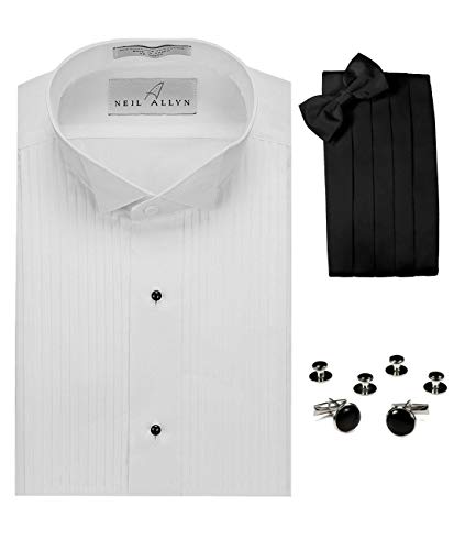 FITTED Wing Collar Tuxedo Shirt, Cummerbund, Bow-Tie, Cuff Links & Studs - size: M, Neck 15"-15.5", Sleeve length 36"-37"