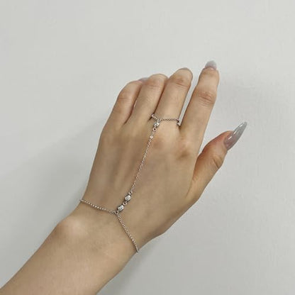 Kakikaki 925 Sterling Silver Finger Ring Bracelet Hand Chain for Women | Slave Bracelets 7" to 9" Adjustable - color: Silver, style: 3 Diamond