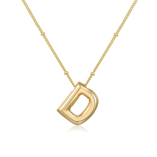 Gold Bubble Initial Necklace for Women Balloon Letter Necklace 18K Gold Plated Dainty Alphabet Pendant Puffy Name Personal Necklace - color: D