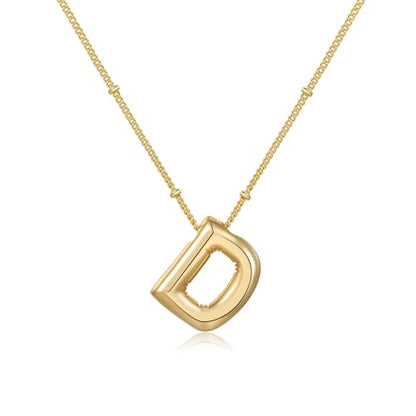 Gold Bubble Initial Necklace for Women Balloon Letter Necklace 18K Gold Plated Dainty Alphabet Pendant Puffy Name Personal Necklace - color: D