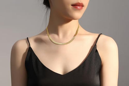 FOSIR Herringbone Necklace for Women, 14K Gold Plated/Silver/Black Choker Necklace, Dainty Surgical Stainless Steel Snake Chain for Women, 2.3mm/3mm/4mm/5mm Width - color: Gold, style: 3.0mm/20 Inch