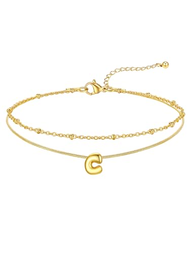 FOCALOOK Initial Anklet Bracelet for Women, 14K Gold Plated Anklets Layer Letter Ankle Chain Non Tarnish, 8.5"+2" Adjustable Large Ankle Summer Beach Foot Jewelry - color: Gold-C