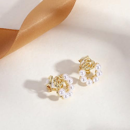 4 Pairs Clip on Stud Earrings, Non Pierced Jewelry with Pearl Accented, Gold Clip On Stud Earrings Set for Women