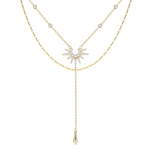 Dochais Dainty Gold Layered Necklace for Women, 14K Gold Plated Y Necklace & Chain, Dainty Lariat Long Necklaces, Trendy Cubic Zirconia Choker, Sun, Heart, Pearl & Cross Pendant Necklace, Jewelry Gift - color: Y Layered CZ Drop Sun Lariat-GD