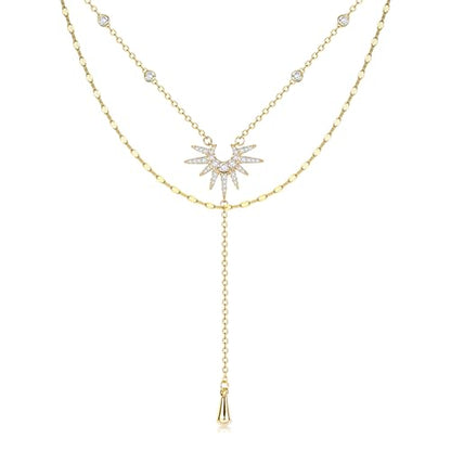 Dochais Dainty Gold Layered Necklace for Women, 14K Gold Plated Y Necklace & Chain, Dainty Lariat Long Necklaces, Trendy Cubic Zirconia Choker, Sun, Heart, Pearl & Cross Pendant Necklace, Jewelry Gift - color: Y Layered CZ Drop Sun Lariat-GD