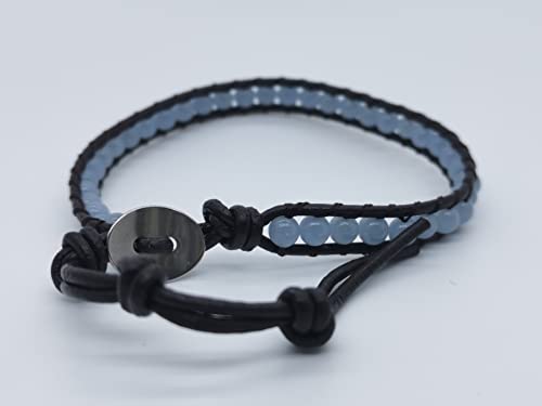 Handmade Alloy Leather Natural Stone Bead Statement Bracelet Bangle Cuff Rope 3 Wrap Adjustable Jewelry Collection - color: Blue Angle&1 Wrap Black Leather