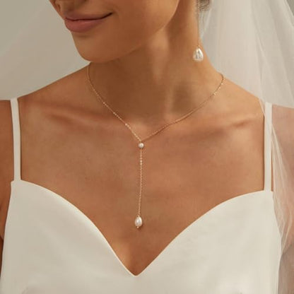 Natural Freshwater Pearl Lariat Necklace, 18K Gold Plated Y-Drop Necklace for Women, Hypoallergenic