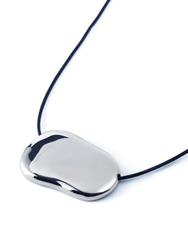18K Chunky Gold Silver Long Pendant Necklace for Women, Minimalist Charm on Adjustable Black Cord, Statement Bean Pebble Necklace Jewelry - color: Silver