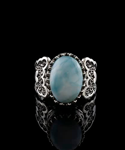 Filigranist 925 Sterling Silver Handcrafted Filigre Art Double Heart Detailed Women Cocktail Ring with Gemstones - color: Larimar