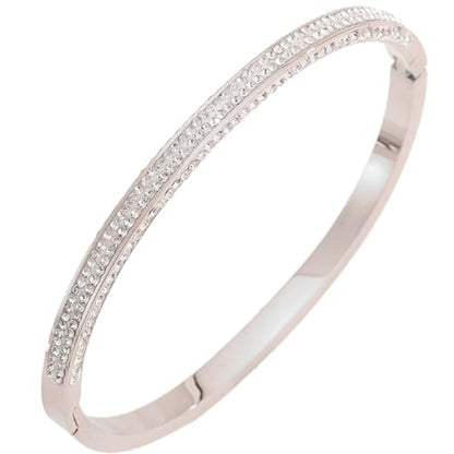 Silver Plated Stainless Steel Bangle Bracelet for Women Triple Row Cuff | Three Row Rhinestone Oval Jewelry with Clear Sparkling Crystals; Secure Adjustable Hinged Clasp Stacking Statement Gift