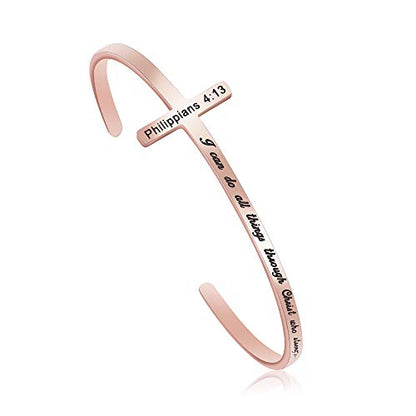 𝐂𝐫𝐨𝐬𝐬 𝐁𝐫𝐚𝐜𝐞𝐥𝐞𝐭 Religious Cuff Bangle 𝐁𝐢𝐛𝐥𝐞 𝐕𝐞𝐫𝐬𝐞 Christian Gifts Jewelry for 𝐖𝐨𝐦𝐞𝐧 - style: Rose gold-I can do all things through Christ who strengthens me -Philippians 4:13