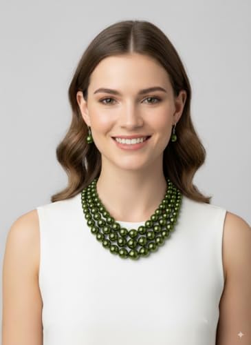 Fashion 21 Women's Faux Pearl Three Multi-Strand Statement Necklace and Earrings Set - color: Dark Olive Green