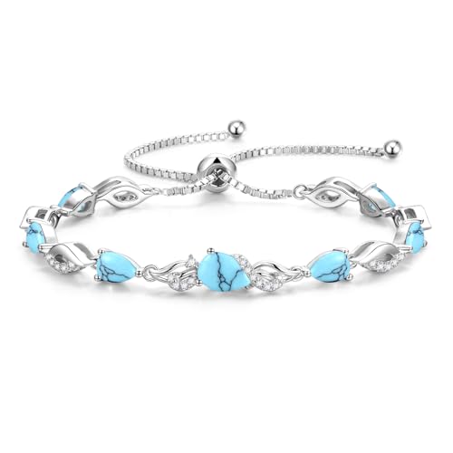 FANCIME Birthstone Teardrop Tennis Bracelet for Women, Sterling Silver 9x7mm main Gemstone Bolo Adjustable Chain Bracelet Fine Jewelry Birthday Gifts for Women Mom Wife Her - color: 12-Turquoise
