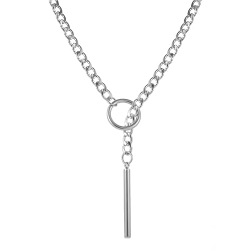 Heart O Ring Slip Chain Choker Necklace for Women Men Stainless Steel Cuban Chain Y-shape Necklaces Punk Rock Collar Adjustable Lariat Y Necklace Prom Necklaces Jewelry - color: Silver Bar