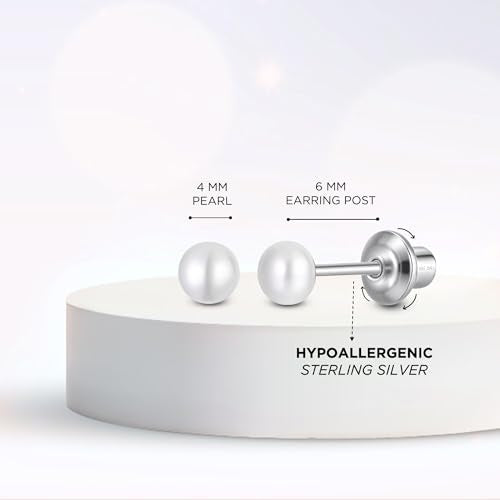Pearl Screw Back Stud Earrings, 925 Sterling Silver Hypoallergenic - color: White, size: 4mm-Medium