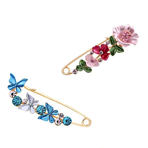 Flower Safety Decorative Pins Brooch Clip, 2PCS Crystal Flower Safety Decorative Brooches Pins, Metal Flower Safety Decorative Pins for Clothing Scarves Shawl Buttons Christmas Gift