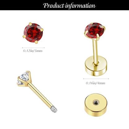 Flatback CZ Helix Earrings for Women Girls,3mm Tiny Screw Back Birthstone Stud Earrings Cartilage Tragus Piercing Jewelry Gift