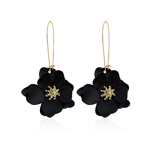 Bohemian Daisy Flower Matte Floral Long Petal Drop Dangle Earrings Layered Tiered for Women Chic Boho Wedding Jewelry - color: Black