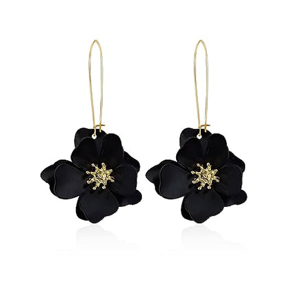 Bohemian Daisy Flower Matte Floral Long Petal Drop Dangle Earrings Layered Tiered for Women Chic Boho Wedding Jewelry - color: Black
