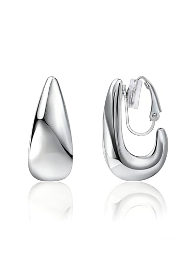 FAN&LOUIS Gold and Silver Clip On Earrings for Women, Chunky Huggie Teardrop Clip-on for Non Pierced Ears - style: Silver