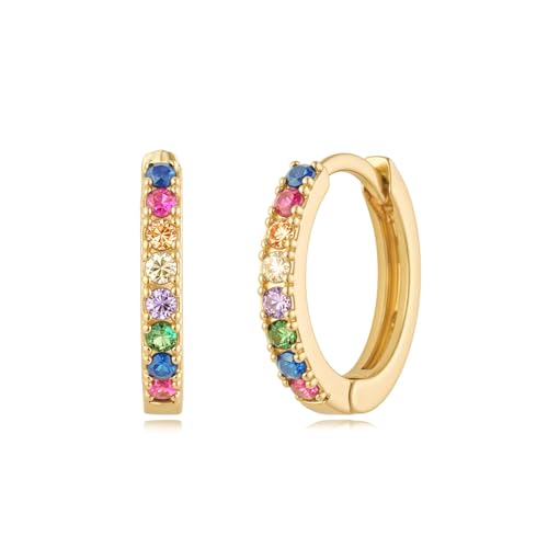 Women Gold Earrings Huggie Hoop Cubic Zirconia 14K Gold Plated Small Simple Hypoallergenic Everyday Jewelry - style: Rainbow
