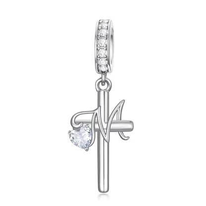 PROESS Initial Cross Charm 925 Sterling Silver Letter A B C Pendant Dangle Charm Beads for Bracelet Initial Cross Jewelry Gifts for Women - style: 13-M