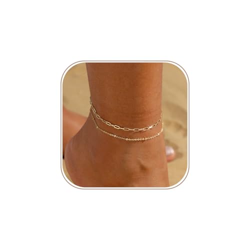 Gold/Silver Anklets for Women Waterproof 14K Gold/Silver Plated Ankle Bracelet Trendy Layered Adjustable Shining Chain Set Summer Beach Sparkle Jewelry Gift Non Tarnish Lightweight Hypoallergenic - color: GD