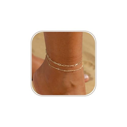 Gold/Silver Anklets for Women Waterproof 14K Gold/Silver Plated Ankle Bracelet Trendy Layered Adjustable Shining Chain Set Summer Beach Sparkle Jewelry Gift Non Tarnish Lightweight Hypoallergenic - color: GD