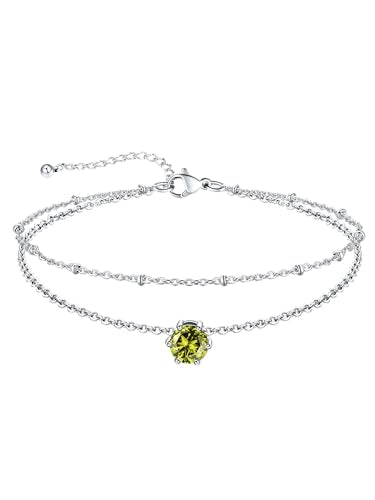 U7 Silver Ankle Bracelet for Women, Waterproof Layered Ankle Round Gem Birthstone Anklets, Summer Beach Foot Jewelry, Adjustable 8.5"-10.5" - color: 08.August-Peridot Yellow