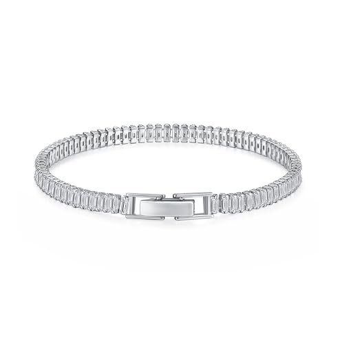 MINDDHA 14K Gold/White Gold Plated Cubic Zirconia Tennis Bracelet | Silver, Gold Bracelet for Women | Rectangle, Square, Round Shape CZ Stone | Width 2.5-4mm | Size 6-8 Inch - color: 4mm Rectangle White Gold, size: 7 Inch