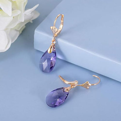 Austrian Crystal Teardrop Leverback Dangle Earrings for Women Fashion 14K Gold Plated Hypoallergenic Jewelry - color: Tanzanite