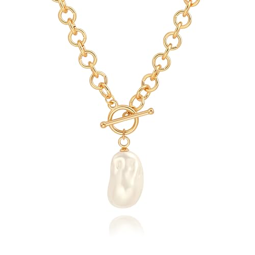 18k Gold Plated Chain Link Necklace for Women, Baroque Pearl/Compass Pendant Necklace - color: Baroque pearl