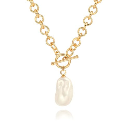 18k Gold Plated Chain Link Necklace for Women, Baroque Pearl/Compass Pendant Necklace - color: Baroque pearl
