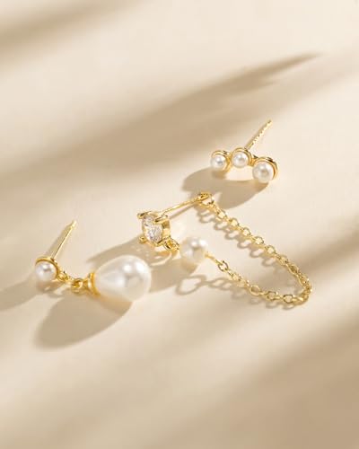 Pearl Earrings - 14k Gold or White Gold Plated Sparkle Cubic Zirconia Dainty Pearl Stud Earrings for Women Wedding Party Bridal - color: gold ear stack