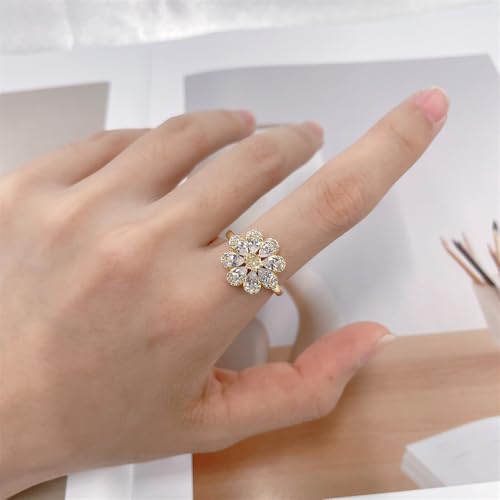 NewZenro Rhinestone Flower Adjustable Open Rings for Women Silver/Gold Plated Sparkling Crystal Floral Statement Finger Band Wrap Rings Comfort Fit Dainty Wedding Jewelry - color: Gold