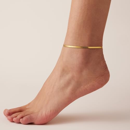 NONAMOIS Ankle Bracelets for Women Dainty 18K Gold Plated Anklet Waterproof Round Beaded Paperclip Herringbone Pearl Chain Anklets Waterproof Beach Foot Jewelry - color: 3mm Snake-Gold