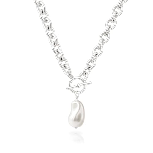 Zeffy 14K Gold/Silver Plated Chunky Thick Chain Toggle Clasp Necklace Dainty Baroque Pearl/Heart/Cross/Turquoise Pendant Necklace - color: Silver Baroque Pearl Necklace