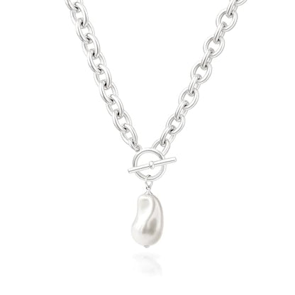 Zeffy 14K Gold/Silver Plated Chunky Thick Chain Toggle Clasp Necklace Dainty Baroque Pearl/Heart/Cross/Turquoise Pendant Necklace - color: Silver Baroque Pearl Necklace