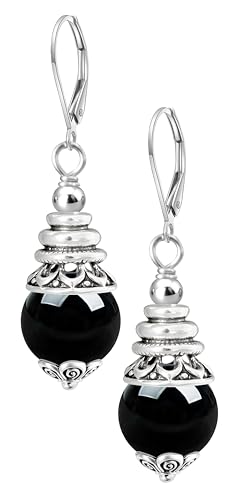 Natural 10mm Stone Beads Drop Earrings,Retro Silver Round Quartz Crystal Gemstone Beads Dangle Earrings for Women - color: A21_Black Agate