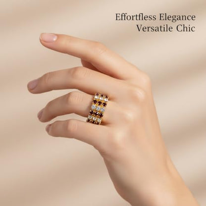 Sparkling Rhinestone Ring Set Trendy Elastic Rhinestone Crystal Stretch Ring Stackable Jewelry for Women Girls - color: 3 Rows Ring-Golden+White+Red