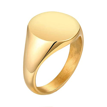 HIJONES Mens Stainless Steel Signet Ring Matte Brushed Square | Simple Statement ,Wedding Band,Polished Round - color: 14mm-Gold