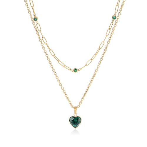 Birthstone Layered Pendant Paperclip Necklace 18k Gold Plated Heart Choker Chain Necklace Emerald Cut Jewelry Birthday Gift for Women - color: Heart Emerald