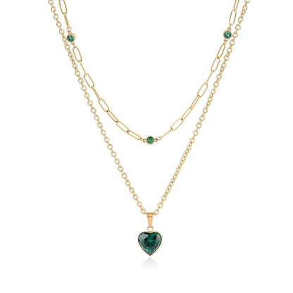 Birthstone Layered Pendant Paperclip Necklace 18k Gold Plated Heart Choker Chain Necklace Emerald Cut Jewelry Birthday Gift for Women - color: Heart Emerald