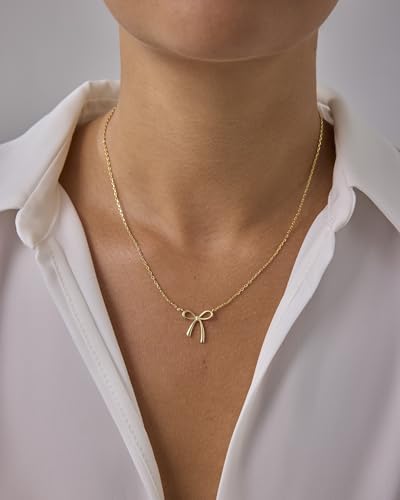 PAVOI 14K Gold Plated Dainty Cubic Zirconia Pendant Necklace for Women | Dot, Elephant, Butterfly, Pineapple, Lock, Knot, Palm Tree, Bow, Smiley Pendant | Layering Chain Necklaces - style: Bow
