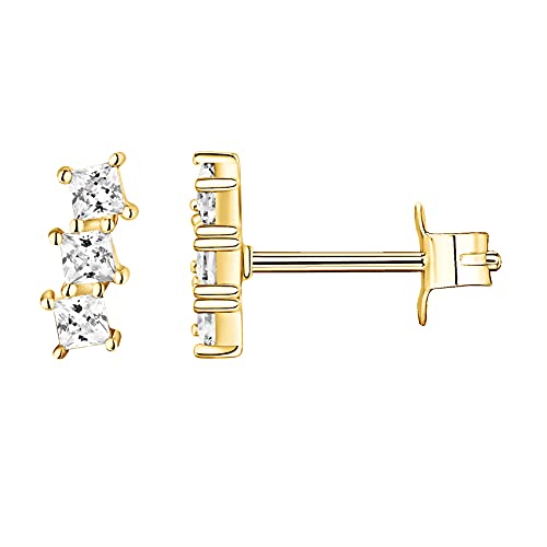 PAVOI 14K Gold Plated 925 Sterling Silver CZ Simulated Diamond Earrings | Dainty Geometric Shape Mini Bar Stud Earrings for Women - color: Yellow Gold, style: Offset