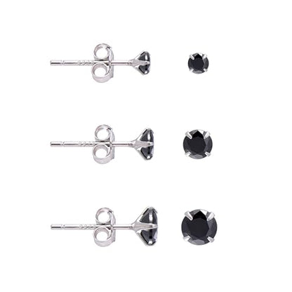 3 Pairs Color Zirconia Earrings Studs, Sterling Silver Studs Earrings Set 3MM 4MM 5MM - color: Black