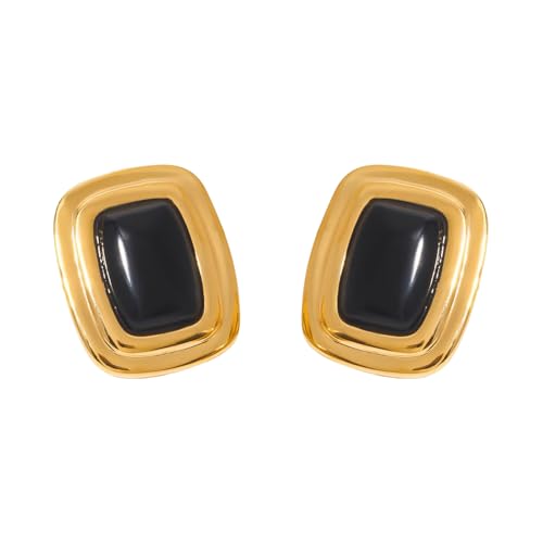 Chunky Rectangle Black Onyx Big Stud Earrings for Women Vintage Stainless Steel 14k Gold Plated Square Geometric Statement Studs Sensitive Ears Hypoallergenic Fashion Trendy Jewelry for Her - color: Black